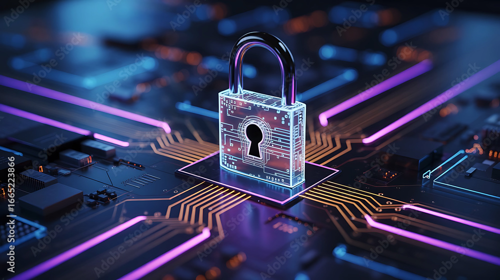 Poster digital security padlock on circuit board with glowing purple lines symbolizing data flow and protec