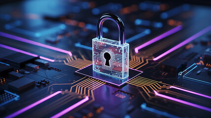 Digital security padlock on circuit board with glowing purple lines symbolizing data flow and protection