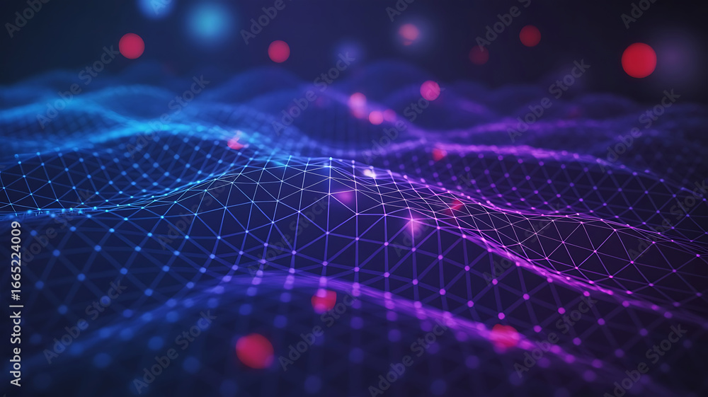 Poster abstract digital wave of glowing interconnected nodes representing futuristic technology and data fl