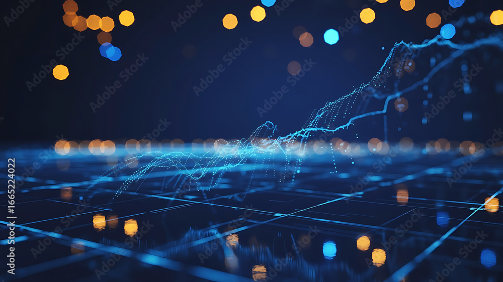 Poster abstract blue digital network with glowing bokeh lights representing technology and connectivity fut