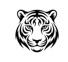 Obraz premium Black and white tribal-style tiger face illustration with symmetrical eyes, flame patterns, and geometric tribal design on white background