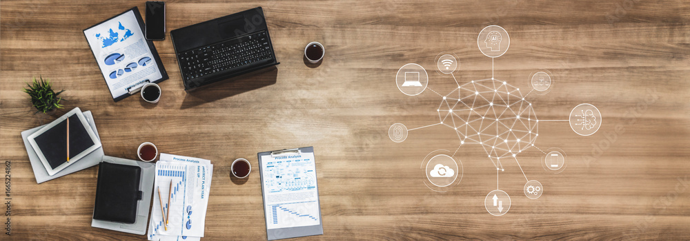 Poster a visual of artificial intelligence network connecting ai, network, and system across a structured d