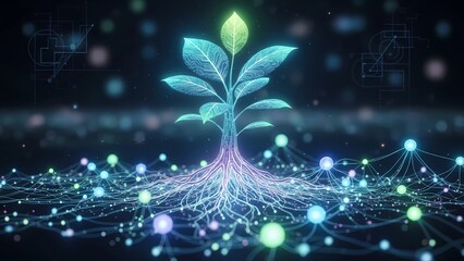 A futuristic digital plant with glowing roots and leaves, symbolizing technological growth and a connected network.