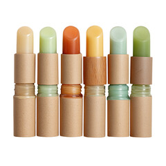 Six eco friendly vegan lip balms in biodegradable cardboard tubes arranged in two rows transparent background