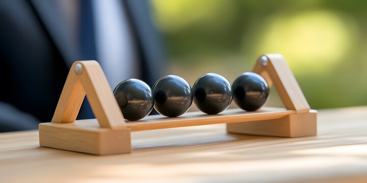 Balancing Black Balls on Wooden Bridge Abstract Conceptual Image