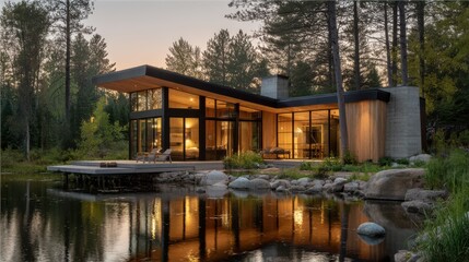 Obraz premium A contemporary house features extensive glass windows and a striking design, situated by a tranquil lake