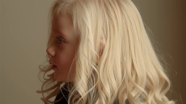 Portrait of an albino girl with long platinum blonde hair, pale skin and light blue eyes, wearing a dark sweater and looking calmly into the camera