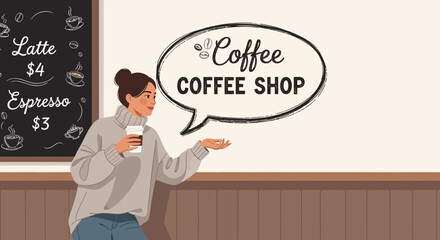 A cozy coffee shop scene with a young woman and a chalkboard menu display