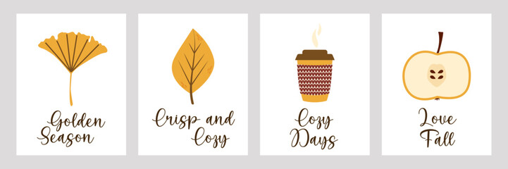 Set of autumn-themed vector cards with ginkgo leaf, maple leaf, coffee cup, and apple slice featuring cozy seasonal typography.