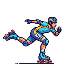 A speed skater in full gear, dynamically gliding on roller skates, showcasing athleticism and motion.