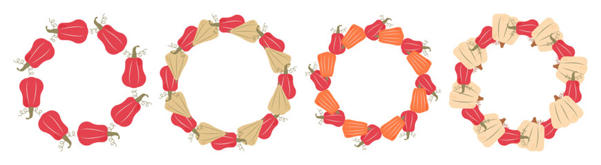 Set of four autumn wreaths made from colorful gourds and pumpkins in red, orange, and beige, arranged in circular patterns with a flat design style