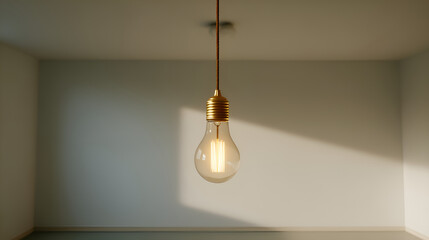 Single light bulb hanging in minimalist room illuminating empty space
