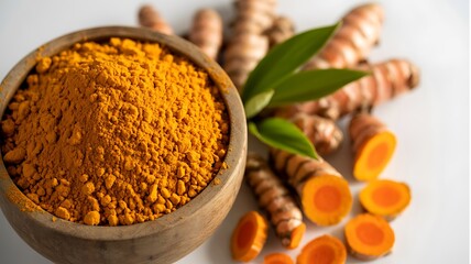 Turmeric powder in a bowl with roots spice rhizome