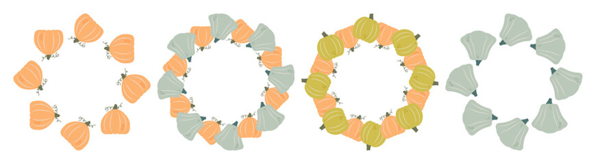 Set of four autumn wreaths made from colorful gourds and pumpkins in red, orange, and beige, arranged in circular patterns with a flat design style