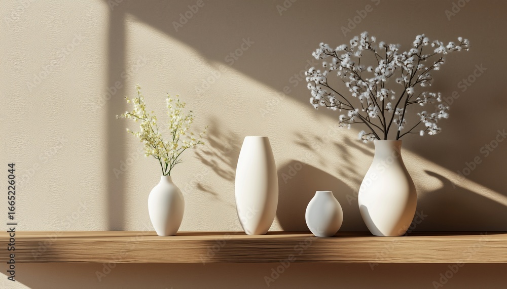 Poster artistic display: shelf featurng vases in a 3d model showcasing a creative shelf design with various