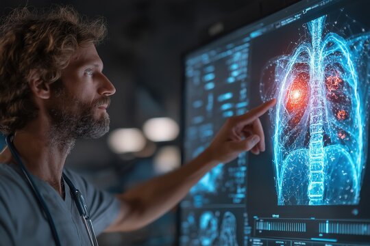Medical doctor examining lungs x-ray on futuristic touchscreen display