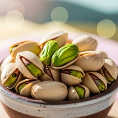 Shelled Pistachios Macro Photography in Ceramic Bowl with Pastel Background