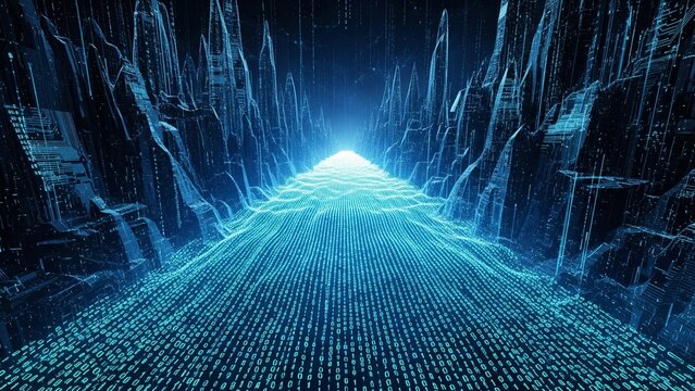 A futuristic river of binary code flows through a digital canyon, symbolizing a massive data stream and information flow.