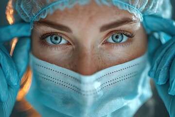 Female doctor wearing protective mask and gloves getting ready for surgery