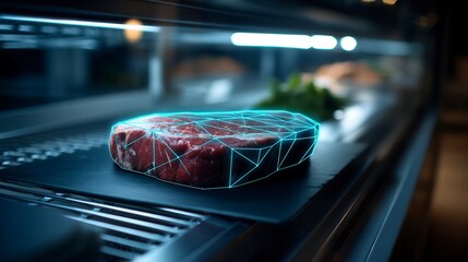Innovative food technology concept showing raw beef steak with futuristic blue digital scanning grid overlay on dark kitchen surface in modern culinary laboratory environment