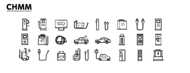 Electric Vehicle Charging Station and Battery Set Line Art Style Simple and Modern Design Ideal for Infographics and Presentations