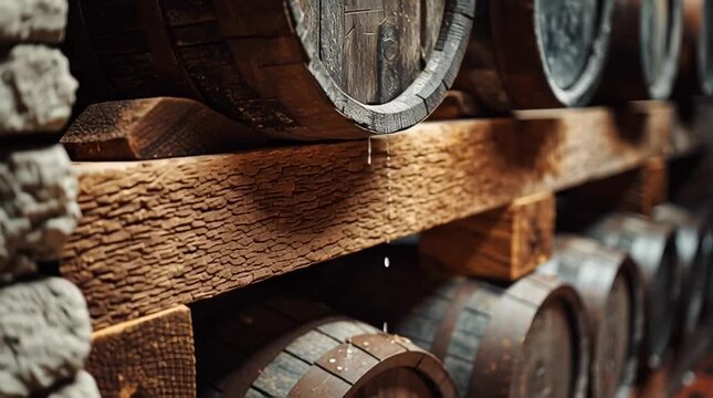 Drops falling from old wooden barrels in a cellar, suggesting aging process of alcoholic beverages like wine or spirits