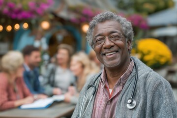 Senior doctor smiling with stethoscope in outdoor cafe setting