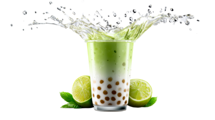 Refreshing lime and milk beverage with tapioca pearls and splashing liquid
