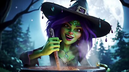 A cheerful witch stirring a potion in a cauldron under a full moon in a forest setting. - Powered by Adobe