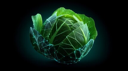Futuristic glowing green digital cabbage visualization with network connections against dark background - modern agricultural technology concept for sustainable farming innovation