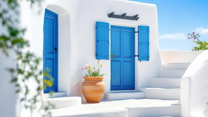 Traditional Greek Island Architecture with Blue Doors and White Walls