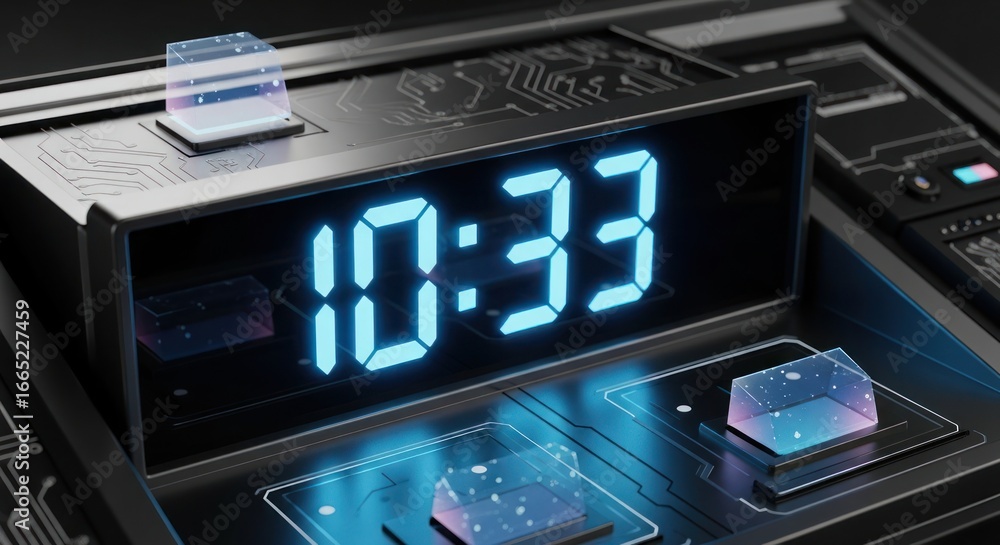 Poster futuristic digital clock displaying time 10:33 with circuitry design.