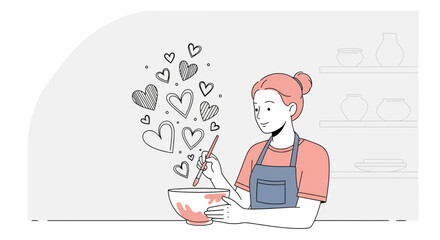 A woman is mixing ingredients in a bowl and hearts are floating around a woman mixing love into