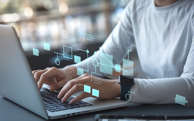 image depicts a person typing on a laptop, wearing a white shirt and smartwatch, with a light background and a transparent flowchart symbolizing a workflow.