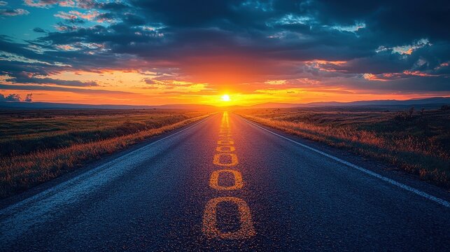 On a winding road, the year 2024 was boldly painted in bold letters, its digits illuminated by the fading light of a breathtaking sunset, symbolizing the dawn of a new decade and the challenges 