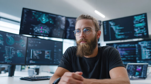 Cybersecurity engineer working in bright modern office with multiple LCD screens, clean white surfaces and minimal shadows creating professional tech workspace