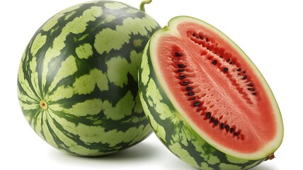 Whole and Halved Watermelon on White fruit fresh
