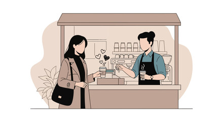 Aesthetic coffee shop scene with customer and barista in minimalist line art style
