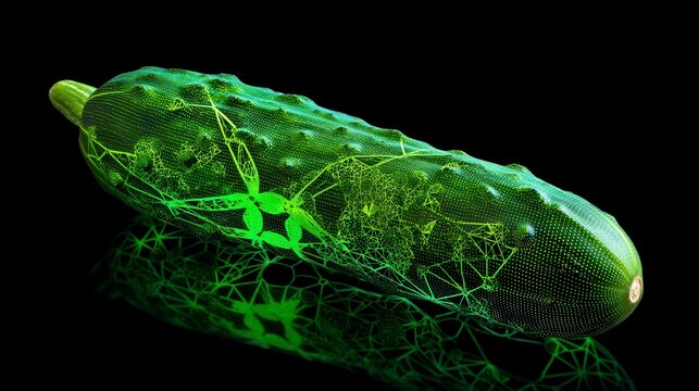 Innovative digital cucumber visualization with glowing green wireframe overlay against black background showcasing agricultural technology and food science analytics with free copy space