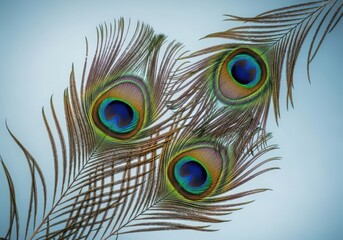 Obraz premium Closeup of three iridescent peacock feathers with distinctive eye patterns