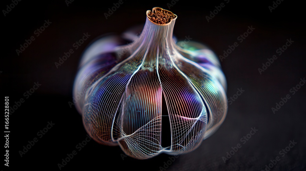 Poster mesmerizing digital garlic bulb with iridescent wireframe structure against black background, showca
