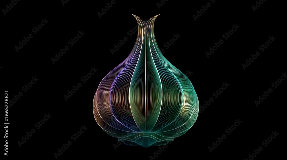 Poster elegant abstract digital art of glowing onion-shaped structure with colorful light lines against bla