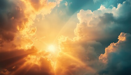 Fototapeta premium Vibrant Sunset Sky With Light Breaking Through Clouds: A Panoramic Nature Composition With Copy Space And Exciting Atmosphere