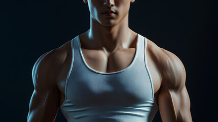 Muscular young man white tank top with defined arm and shoulder muscles, standing against dark background, showcasing strength and fitness, with serious expression, emphasizing physical health