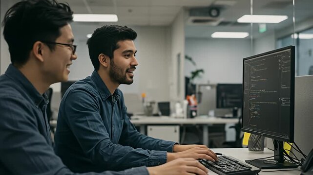 Two young men review code on a computer screen in an office environment