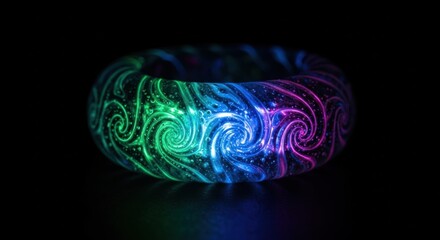 Luminous Bracelet with Swirls: Green, Blue, and Purple on Black Background
