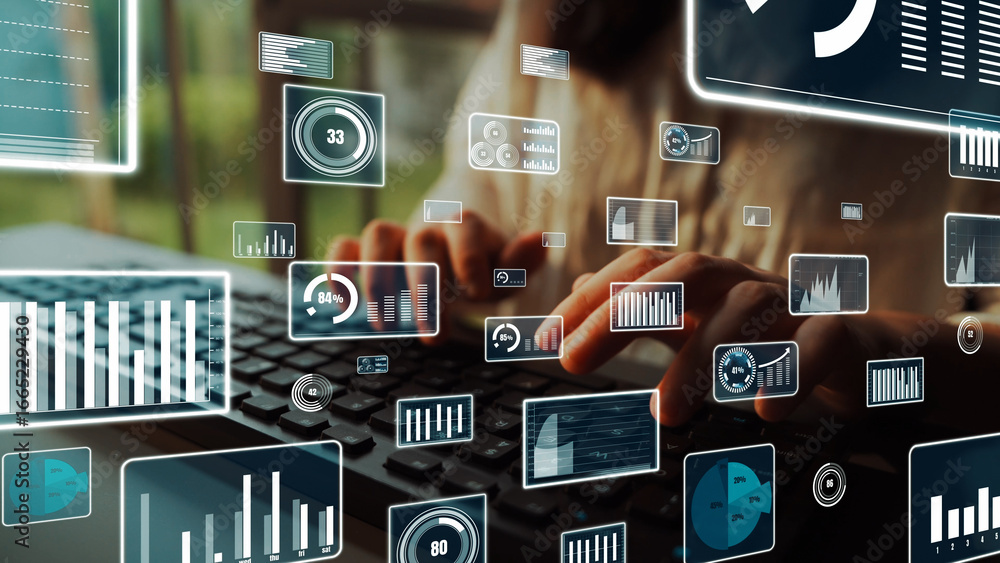 Poster a close-up view of hands typing on a keyboard surrounded by dynamic data visualizations and graphs, 