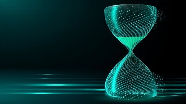 Futuristic digital hourglass with glowing teal particles against dark background representing time management in technology industry with free copy space for text
