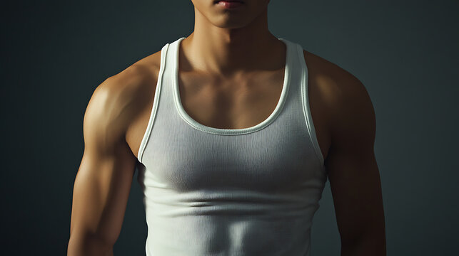 Close up of muscular man wearing white tank top, showing defined shoulder and arm muscles, against dark background, emphasizing strength and fitness - Powered by Adobe