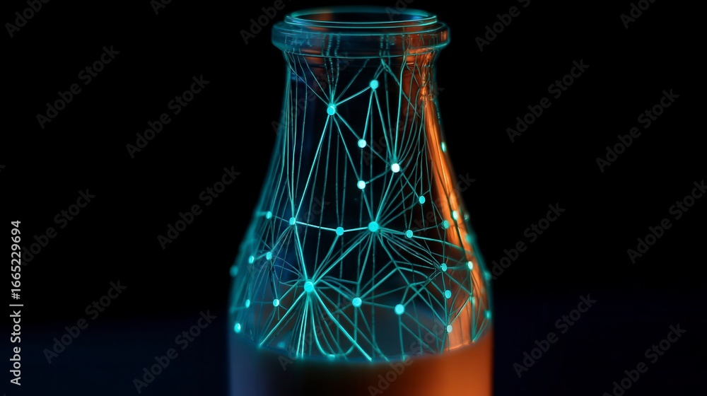 Poster innovative digital network visualization inside laboratory flask with glowing blue connections and o